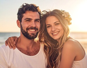Happy couple at sunset beach