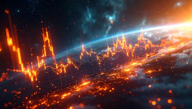 Global financial trends illustrated by a dynamic chart overlaying an earth map, radiating in brilliant orange hues against a deep space backdrop. - Powered by Adobe