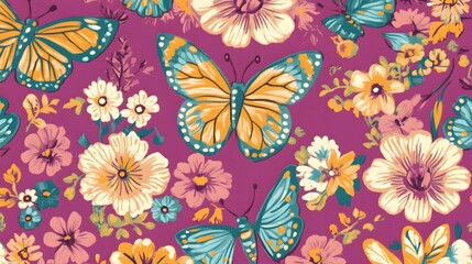 A repeating pattern of vibrant butterflies and flowers in a rich purple background, showcasing a cheerful and floral design.
