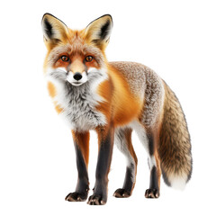 Fototapeta premium A realistic depiction of a red fox standing gracefully with its bushy tail curled. its fur and expressive eyes against a clean white background. ideal for wildlife and nature-related projects
