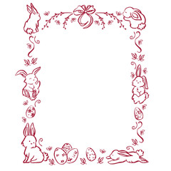 Cute frame, wreath with Easter eggs and rabbit in cherry color