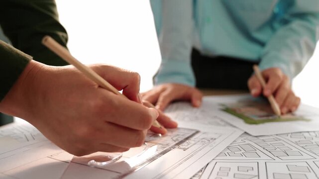Smart architect and safety engineer discussion about building blueprint on table with architectural document, measurement tools and wooden block scatter around at modern office. Closeup. Delineation.