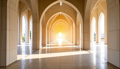 Obraz premium Sunlit Arcade with Beige Arches and Polished Floor