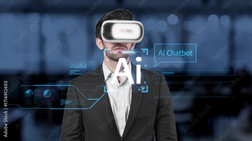 Poster a professional man in a suit uses a virtual reality headset in a sleek office. he interacts with an 