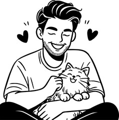 Hand drawn style flat vector design illustration of a happy man with cat on his lap