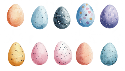 A colorful arrangement of decorative Easter eggs in various pastel shades and patterns. set against a clean white background. ideal for spring-themed projects and seasonal promotions