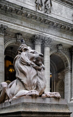 Stone lion statue outside New York Public Library in Manhattan