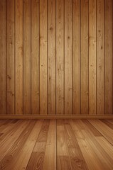 Naklejka premium Empty room with wooden walls and floor, showcasing a warm, inviting, and natural interior design.