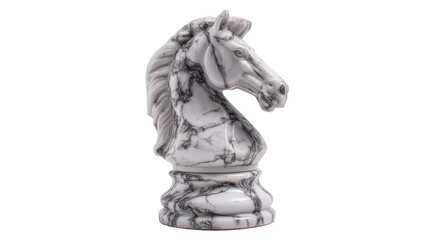 Fototapeta premium The image displays a chess knight piece crafted from white marble with distinctive grey veining on white background 