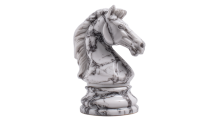 The image displays a chess knight piece crafted from white marble with distinctive grey veining on white background 