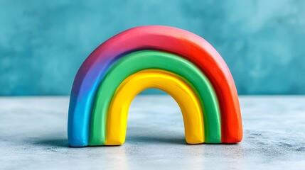 A vibrant rainbow-shaped object sits on a neutral surface against a teal background, creating a cheerful and playful scene.