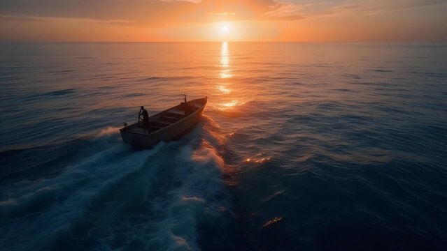 Una lancha solitaria con dos personas se dirige al atardecer en un vasto oc&eacute;ano. Las olas se rompen detr&aacute;s de la embarcaci&oacute;n.