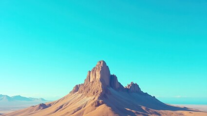 Naklejka premium A dramatic desert landscape features a towering rock formation against a vibrant turquoise sky.