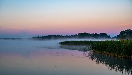 Fototapeta premium Misty River at Dawn Pastel Sky Reflection