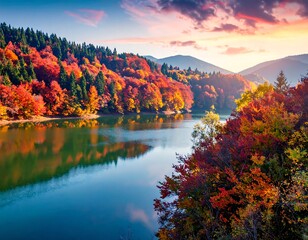 Autumn lake, colorful trees, calm water