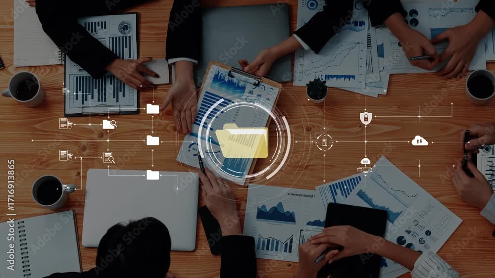 Poster a business team collaborates over data analytics reports and digital folders in the office environme