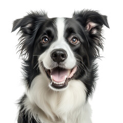 Fototapeta premium A cheerful black and white border collie dog with bright eyes and a joyful expression. set against a plain white background. perfect for pet-related themes and marketing