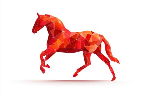 A stylized red fire horse symbol in a flat vector design, featuring an abstract low poly polygonic style.