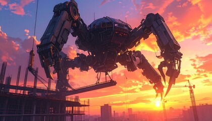 A giant, spider-like construction robot works on a skyscraper against a dramatic sunrise cityscape.
