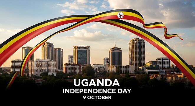 Uganda Independence Day: Cityscape with Flag Ribbon, 9 October Celebration - Powered by Adobe