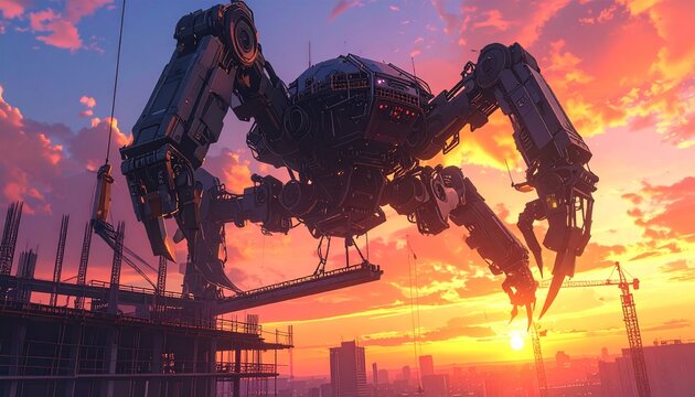 A giant, spider-like construction robot works on a skyscraper against a dramatic sunrise cityscape.