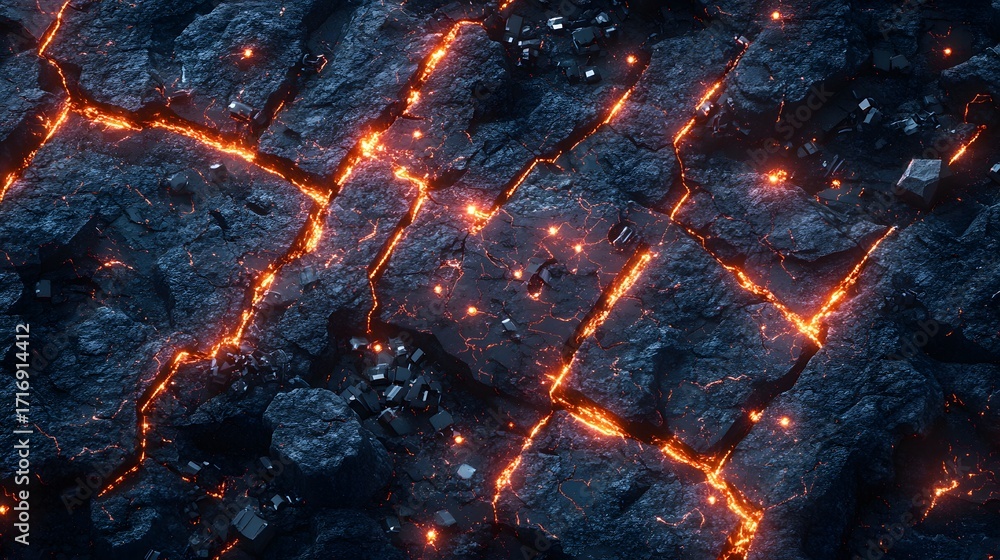Poster a detailed close-up view of fractured rock formations with glowing lava flowing through the cracks, 