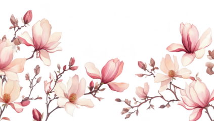 A serene arrangement of delicate magnolia flowers in soft pink and white hues. gracefully positioned across a clean. white background. ideal for spring-themed designs or nature-inspired projects