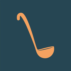Minimalist orange ladle icon with long handle on dark teal background for kitchen and cooking concepts