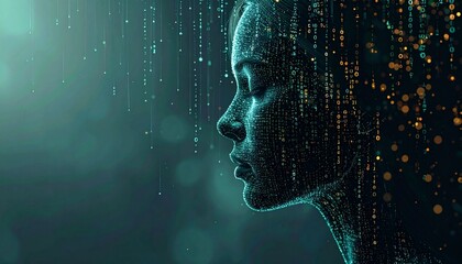 Serene woman's profile dissolving into glowing digital particles, symbolizing artificial intelligence and virtual reality.