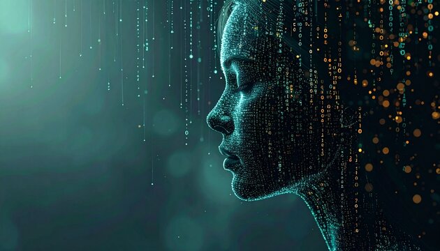 Serene woman's profile dissolving into glowing digital particles, symbolizing artificial intelligence and virtual reality.