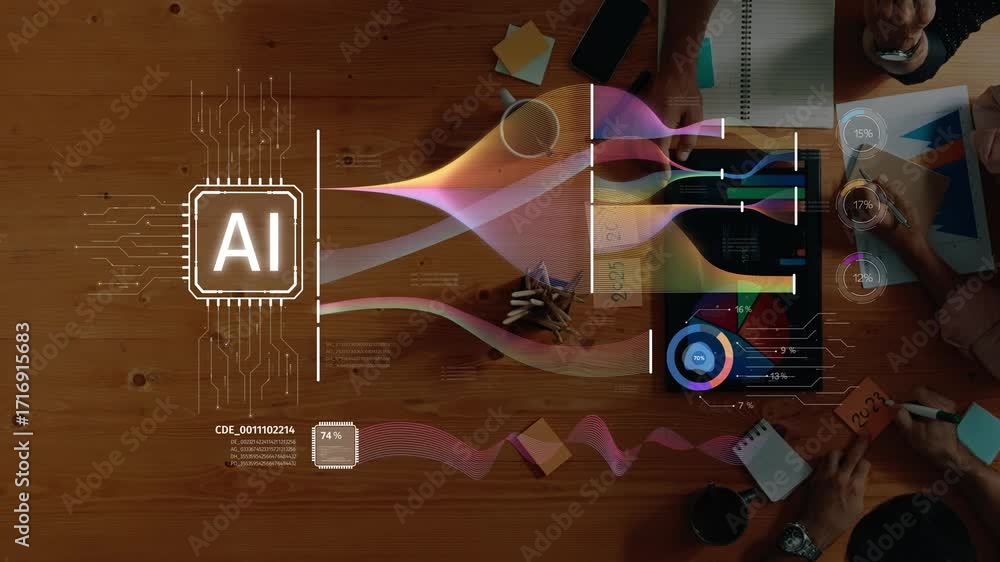 Poster a dynamic workspace featuring hands engaged in data analysis with charts and artificial intelligence