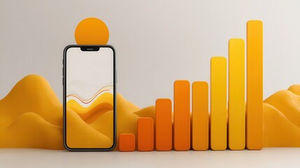 Graphic design featuring a smartphone and upward trending data visualization.