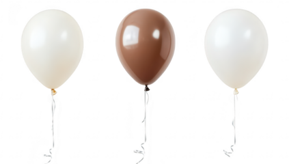 Three colorful balloons in a row. featuring a white balloon. a brown balloon. and another white balloon. set against a plain white background. suitable for festive decorations or celebrations