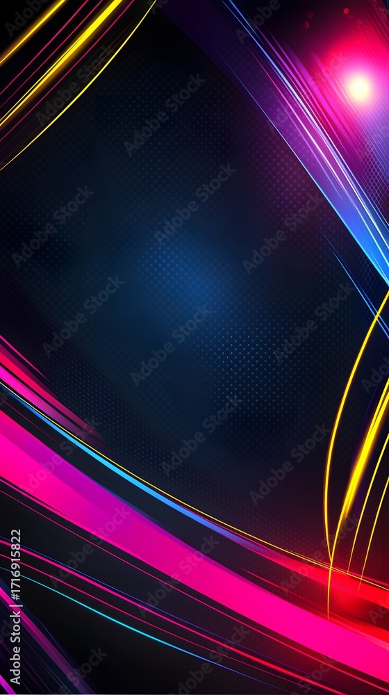 Poster vibrant, dynamic abstract design featuring swirling lines of bright colors against a dark background