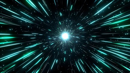 A vibrant, teal-hued abstract image showcasing radiating light streaks against a dark backdrop, filled with glittering speckles.