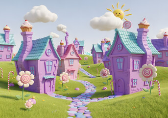 Whimsical Pastel Purple and Pink Houses 3D Render