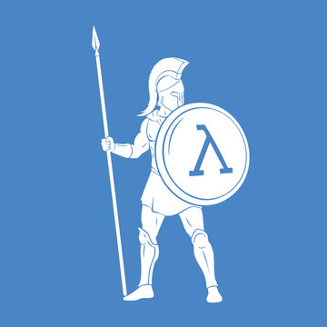 Illustration of an ancient warrior holding a spear and shield with a Greek letter lambda symbol on a blue background