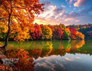 Autumn lake reflecting colorful trees (1)
