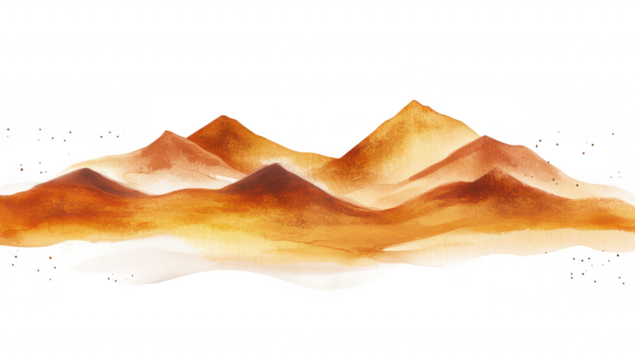 A serene watercolor landscape featuring rolling sand dunes in warm tones of orange and brown. set against a minimalist white background. ideal for nature-themed designs or calming visuals