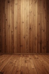 Naklejka premium Warm, neutral-toned wooden walls and floor create a calming and spacious interior scene.