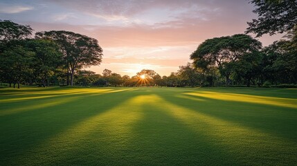 Tranquil Golf Course at Sunset with Lush Green Grass and Trees