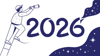 A man on a ladder looking through a telescope towards the year 2026