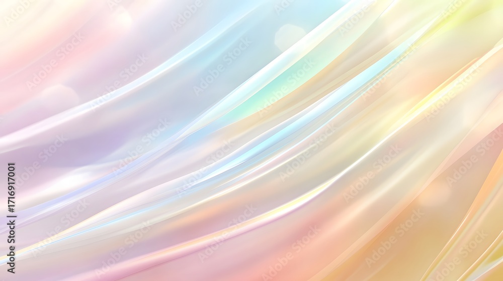 Poster a mesmerizing abstract design features flowing, iridescent fabrics in a soft pastel color palette.