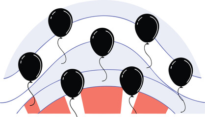 Illustration of black balloons floating in the air with a blue and red background