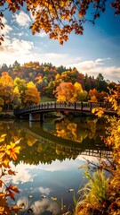 Obraz premium Autumnal landscape with a bridge reflected in a calm lake