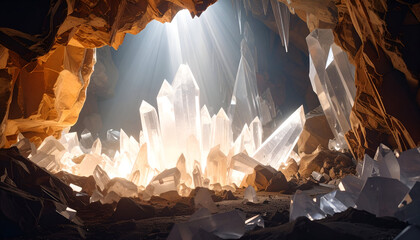 Close-up view of sharp transparent crystals inside mysterious cave, sparkling reflect