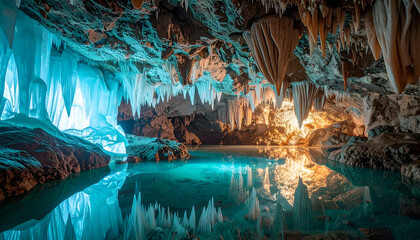 Crystal cave with icy formations and turquoise glow, reflecting on underground lake