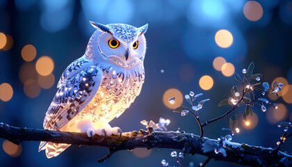 Crystal owl perched on shining branch, glowing eyes in twilight