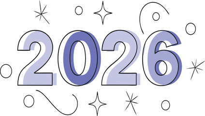 Whimsical 2026 new year design featuring playful line art and soft blue accents for a modern touch