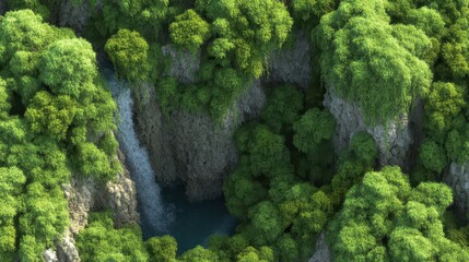 Naklejka premium Lush green forest with a waterfall cascading down rocky cliffs.